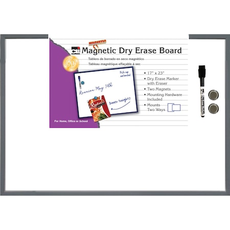 Magnetic Dry Erase Board, 17in X 23in, W/Marker + Magnets, Gray Frame